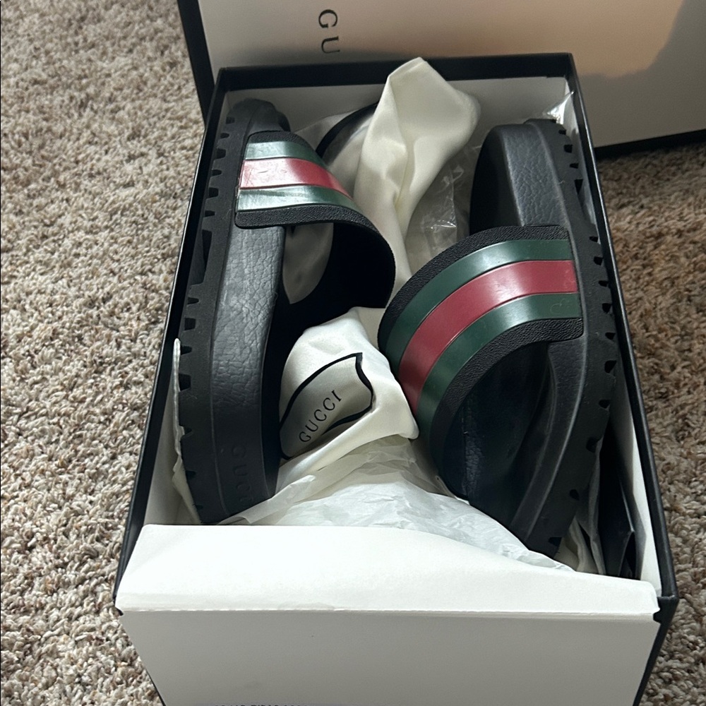 Gucci Black Slides with Red and Green Accents